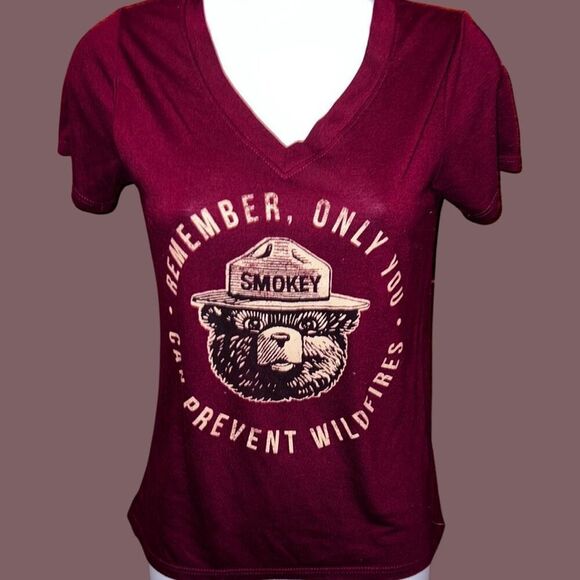 Smokey the Bear T-Shirt Top Size L Maroon Graphic Short Sleeve V-Neck - Picture 1 of 3